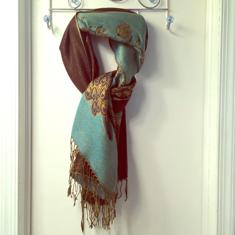 Brown & Blue Peacock Scarf with Shiny Gold Accent